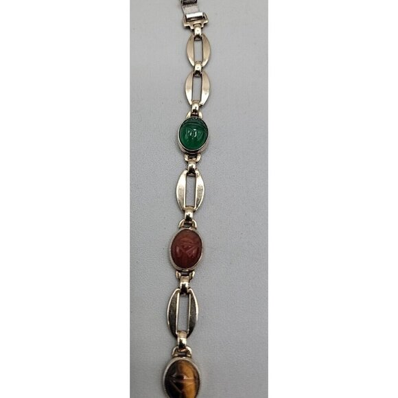 14k W. E. Richards Co. Symmetalic Sterling & Scarab Bracelet 6" Gemstones 1940s - Picture 11 of 15